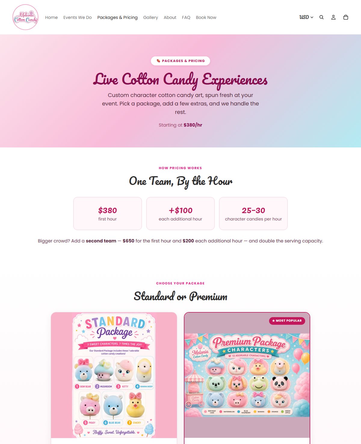 The Melania Cotton Candy packages page we designed — a live storefront